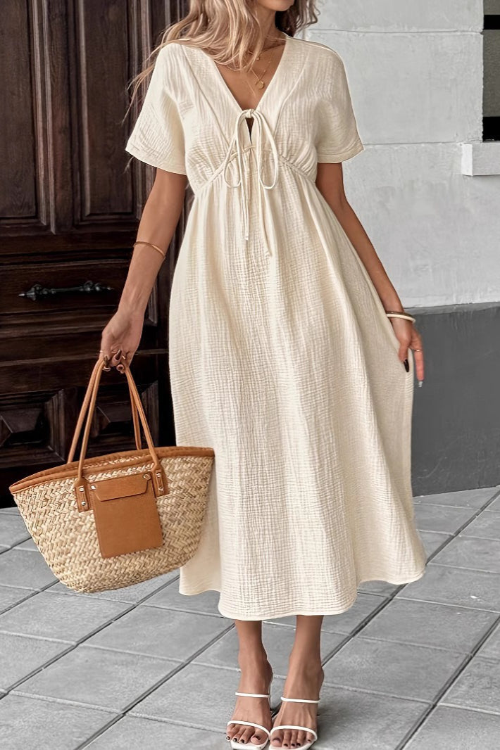 Bohemian Deep V Tie Waist Flowy Boho Dress - Fashionpara