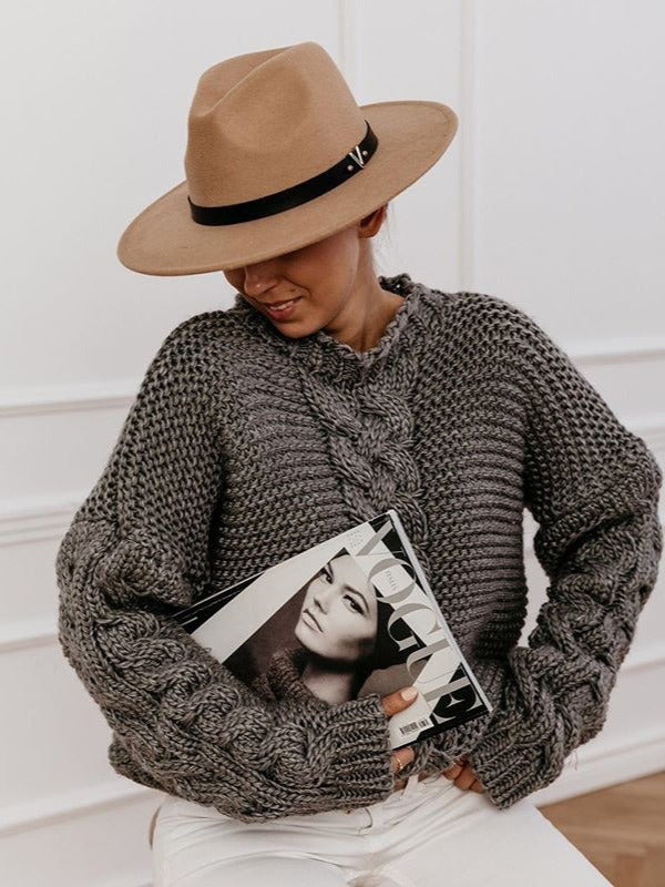 Casual Solid Color V-neck Cable Knit Sweater 2