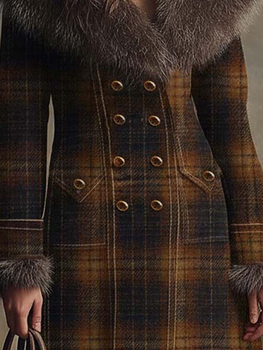 Vintage Plaid Wool-Blend Coat With Detachable Faux Fur Collar - Fashionpara