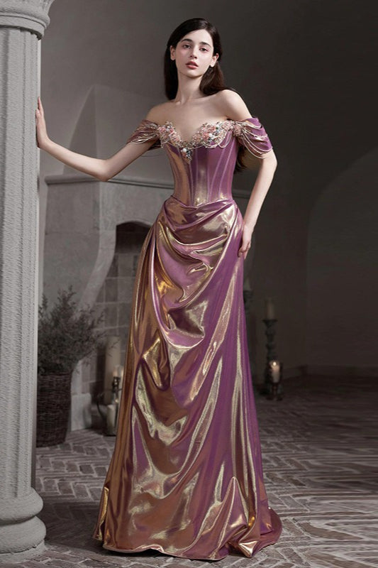 Off Shoulder Sweetheart Ruched High Split Mermaid Gown in Purple - View 3