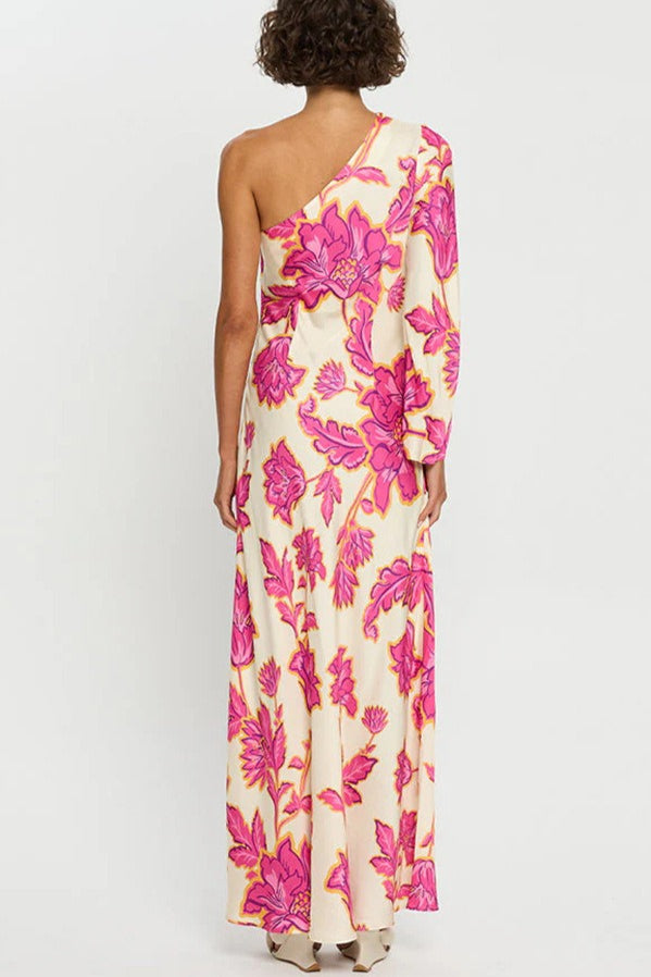 Satin Rose Print One-Shoulder Maxi Dress
