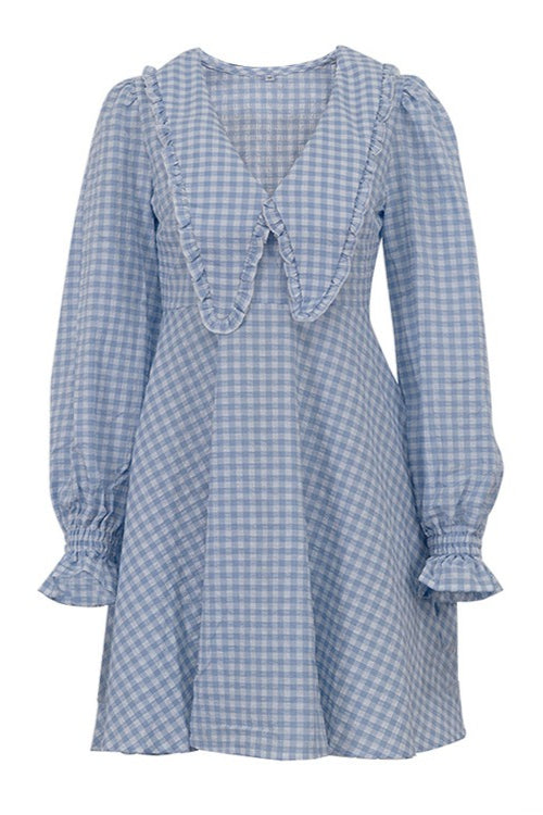 Gingham Oversized Collar Puff Sleeve Mini Dress 5