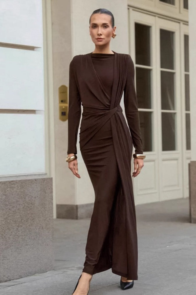 High Neck Long Sleeve Draped Wrap Maxi Dress