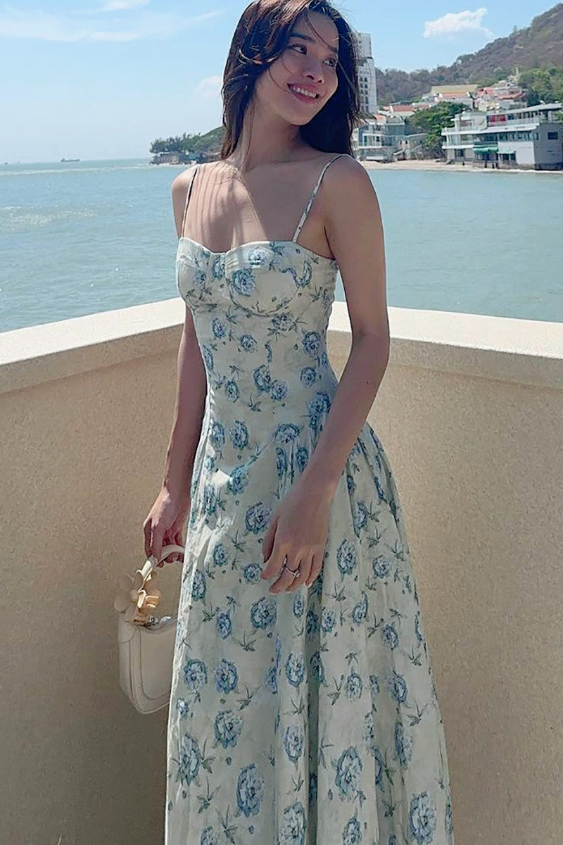 Floral Print Sweetheart Spaghetti Strap A-Line Maxi Dress