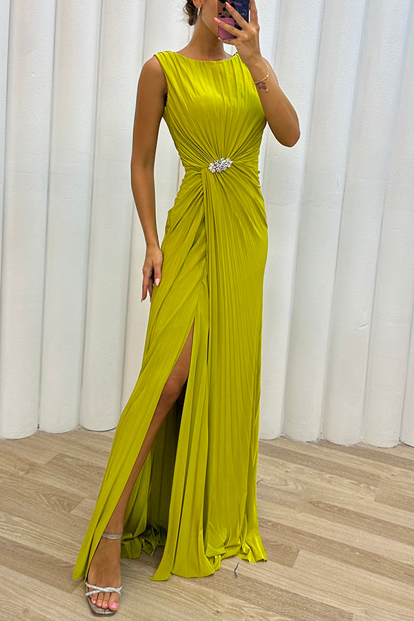 Pretty Special Pleated Embellished Slit Evening Maxi Dress - Fashionpara