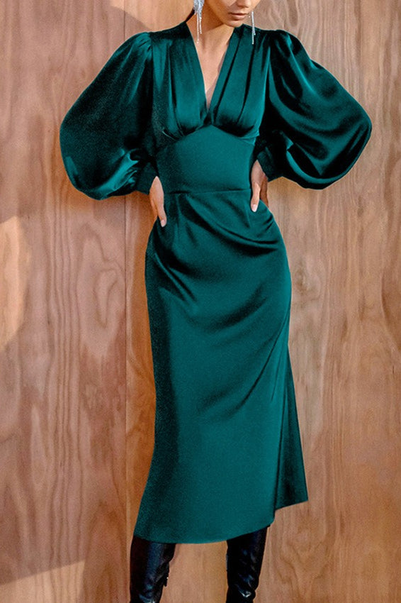 Luxury Satin Puff Sleeve Red Mermaid Midi Formal Dress