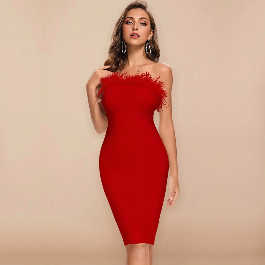 Bodycon Red High Feathers Club Dresses 17