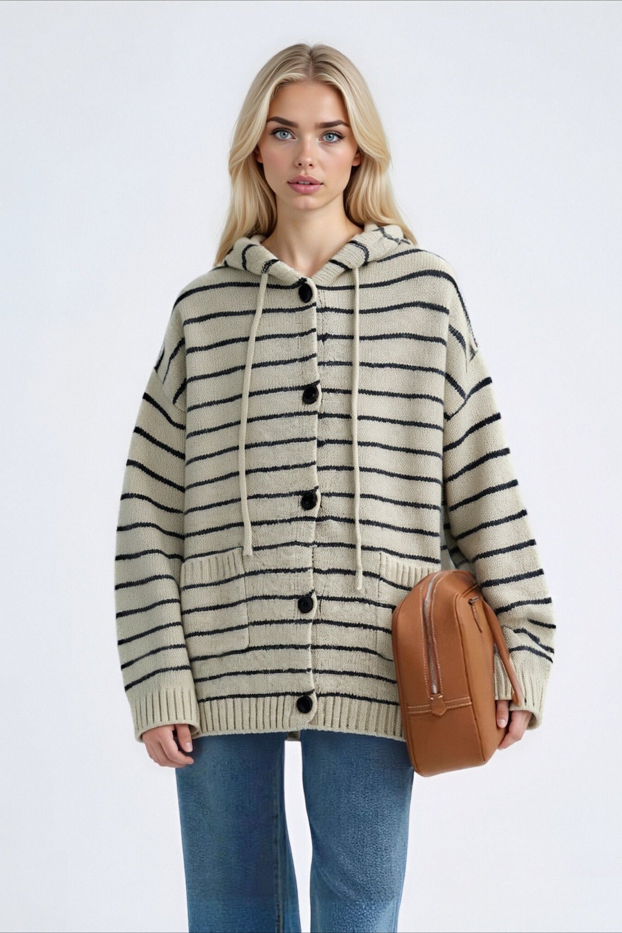 Stripe Hooded Plus Size Knit Cardigan with Drawstring Pocket