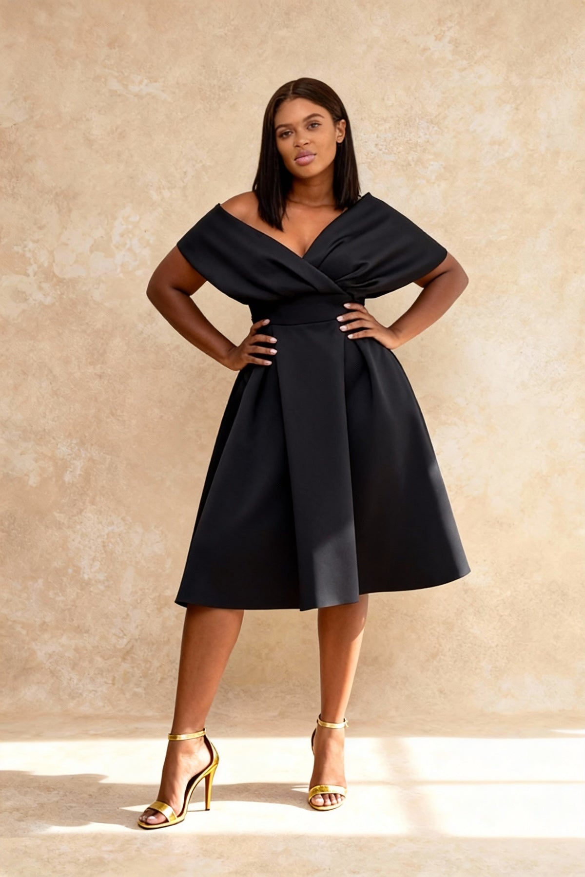 Off-Shoulder Portrait Collar Belted A-Line Midi Dress