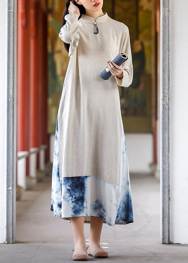 Tie Dye Mandarin Collar Paneled Long Sleeve Midi Dress
