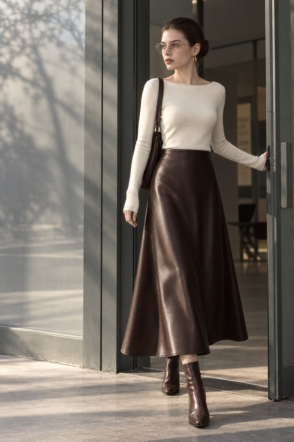 Pleated Faux Graceful Leather Midi Skirt