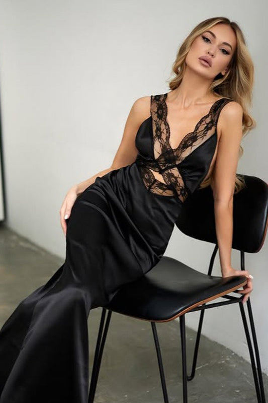 Lace Trim Deep V-Neck Cut Out Satin Maxi Dress