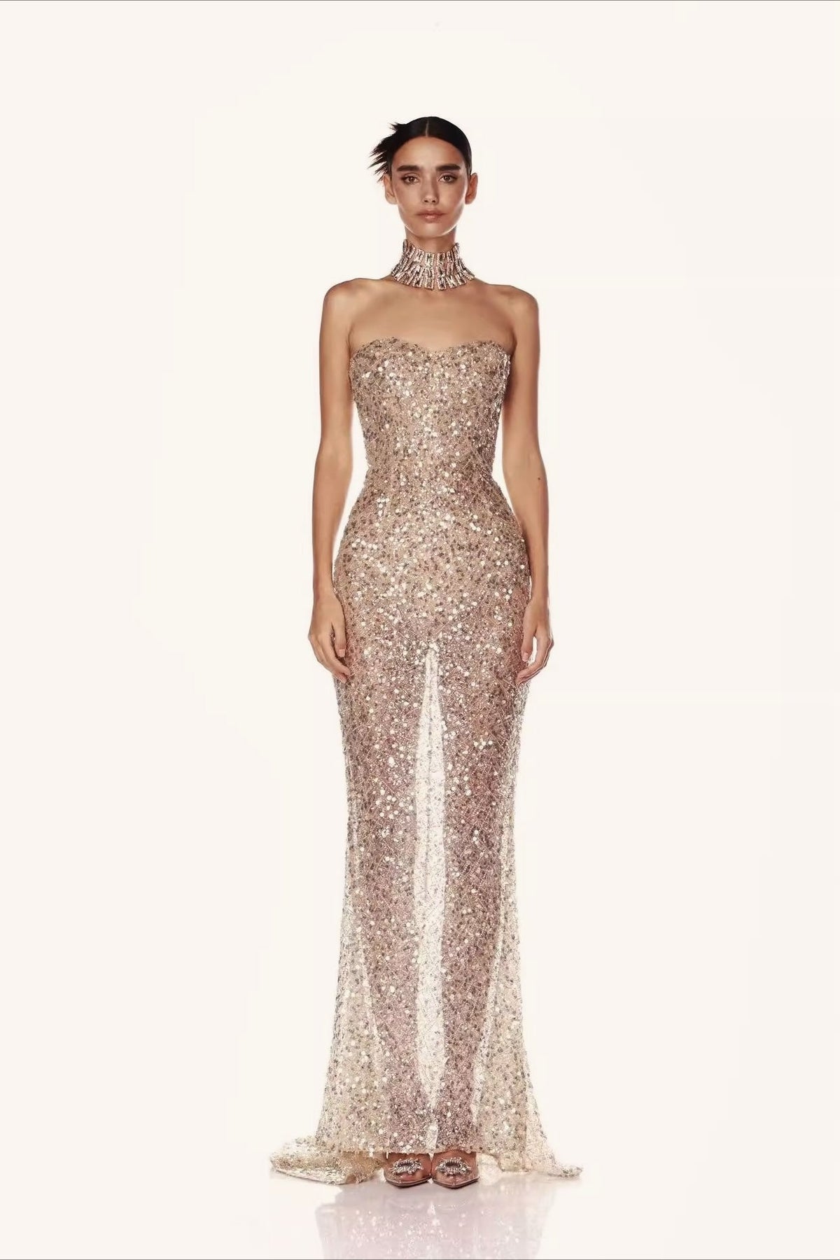 Sequin Strapless Sweetheart Sheer High Split Mermaid Prom Gown
