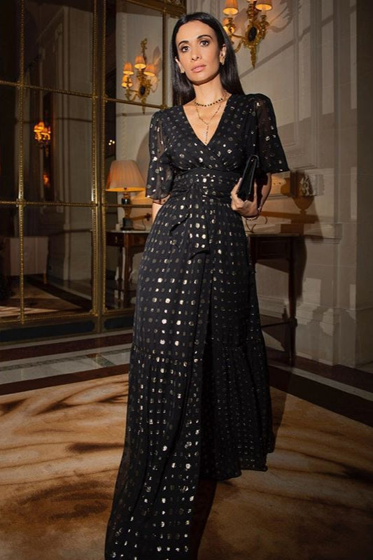 Foil Polka Dot V-Neck Flutter Sleeve Tiered Maxi Dress