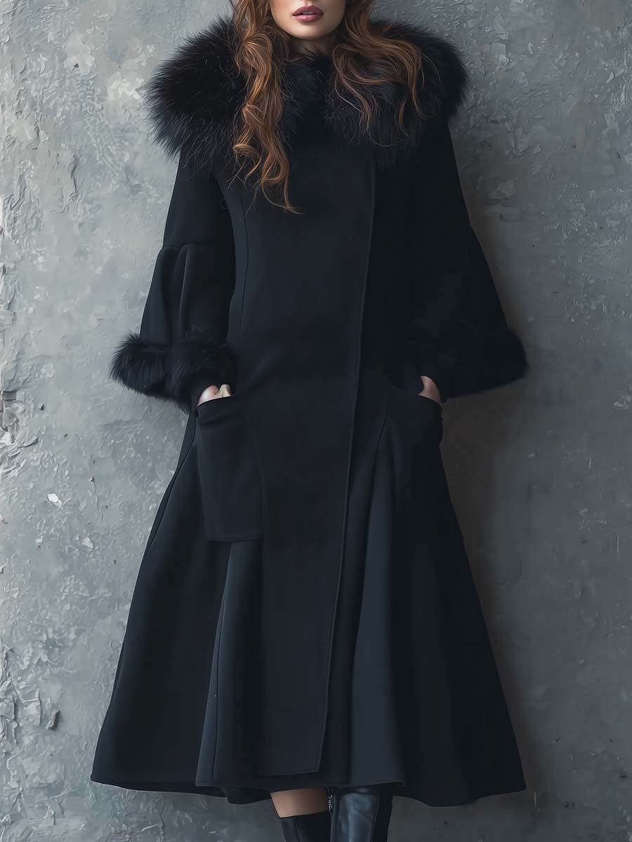 Black Wool-Blend Maxi Coat With Detachable Fur Collar - Fashionpara