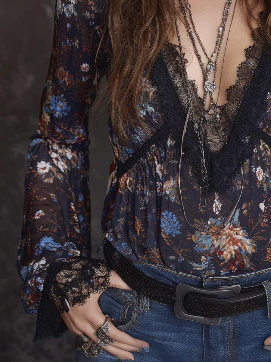 Boho Floral Lace Sheer Bloom Blouse