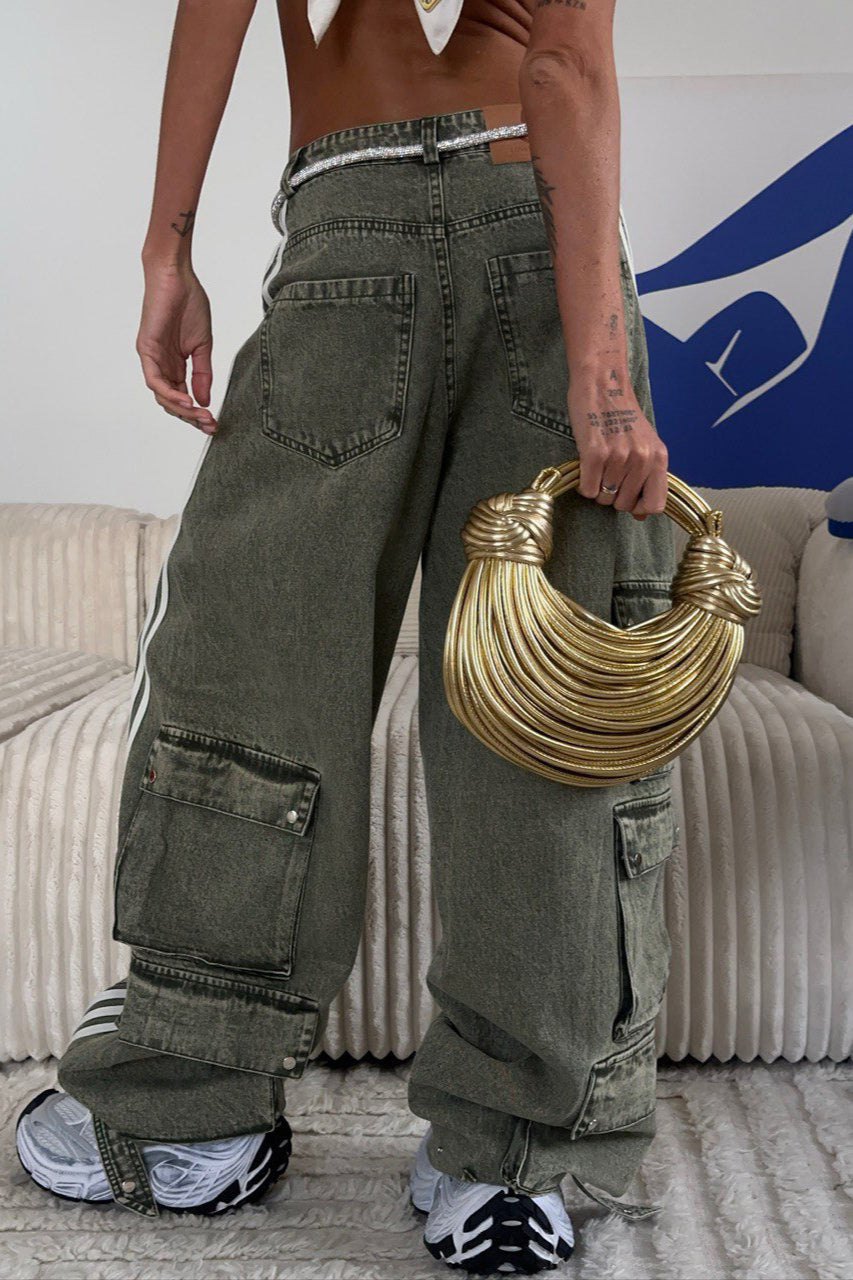Striped Wide Leg Denim Trousers Pants