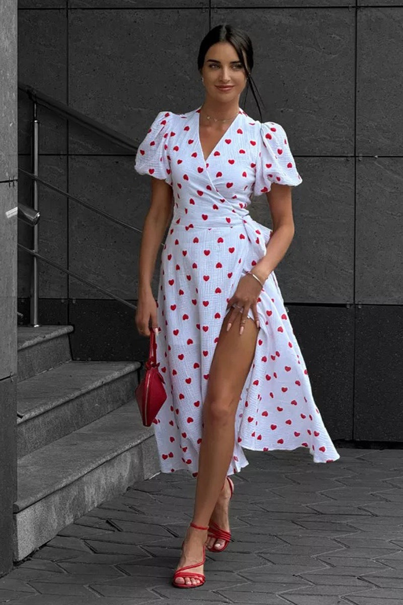 Heart Print V-Neck Puff Sleeve Wrap Maxi Dress 3