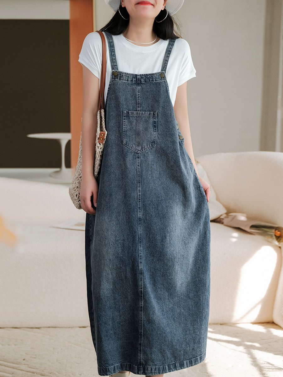 Denim Bib Front Overall Strap Pocket A-Line Maxi Jumper Dress - View 2