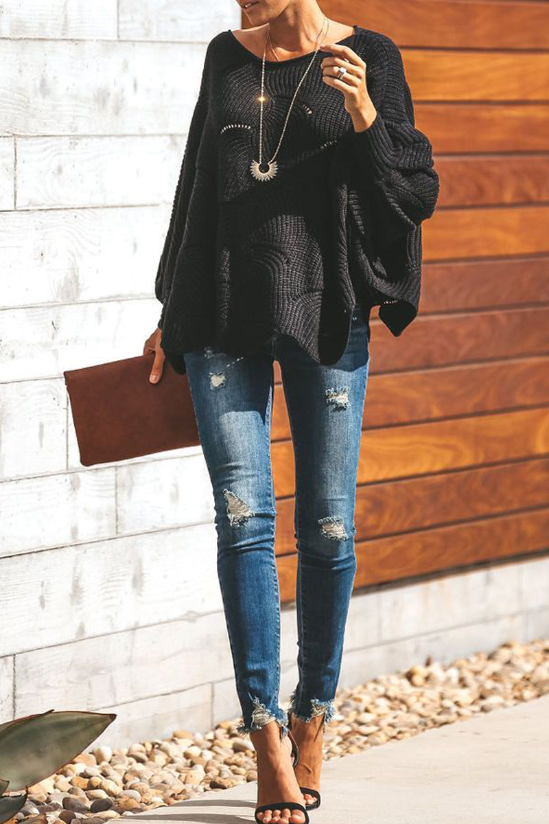 Lantern Sleeve Wide Neck Loose Sweater  Fashionpara