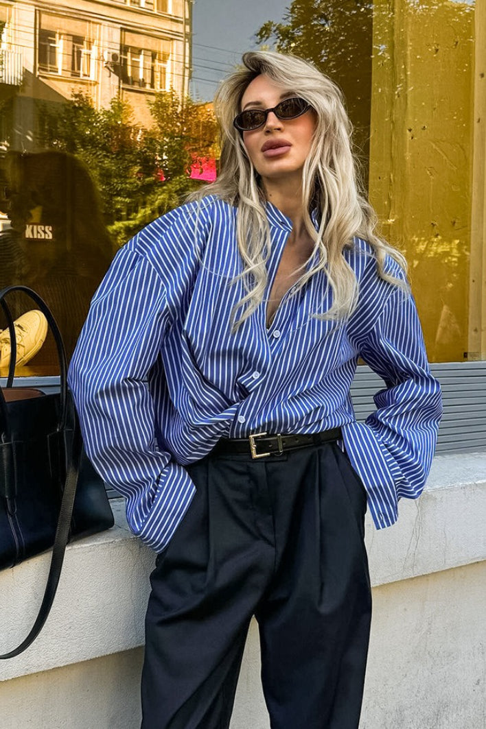 Blue White Stripe Button Blouse