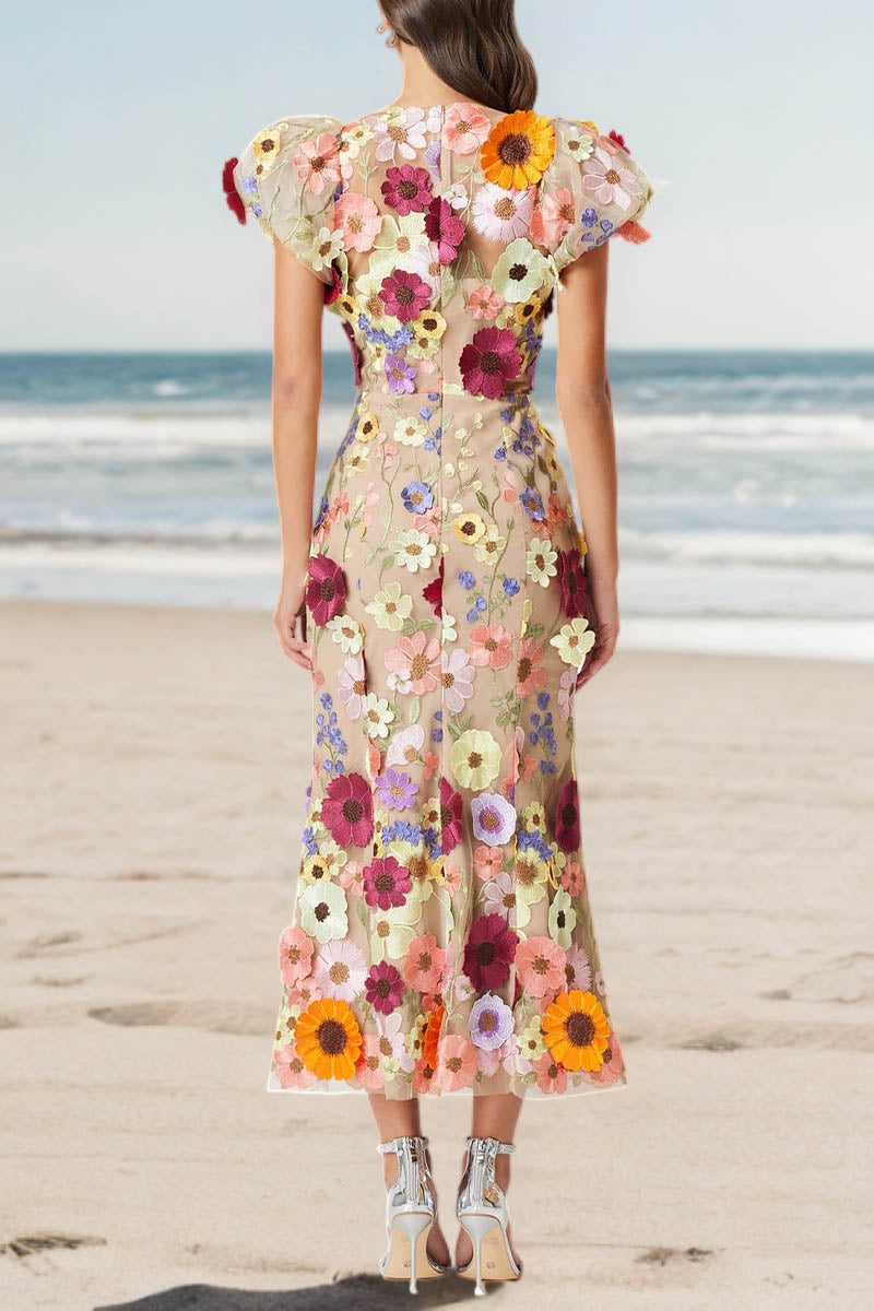 3D Lace Flower Crew Neck Puff Sleeve Midi Dress - Fashionpara