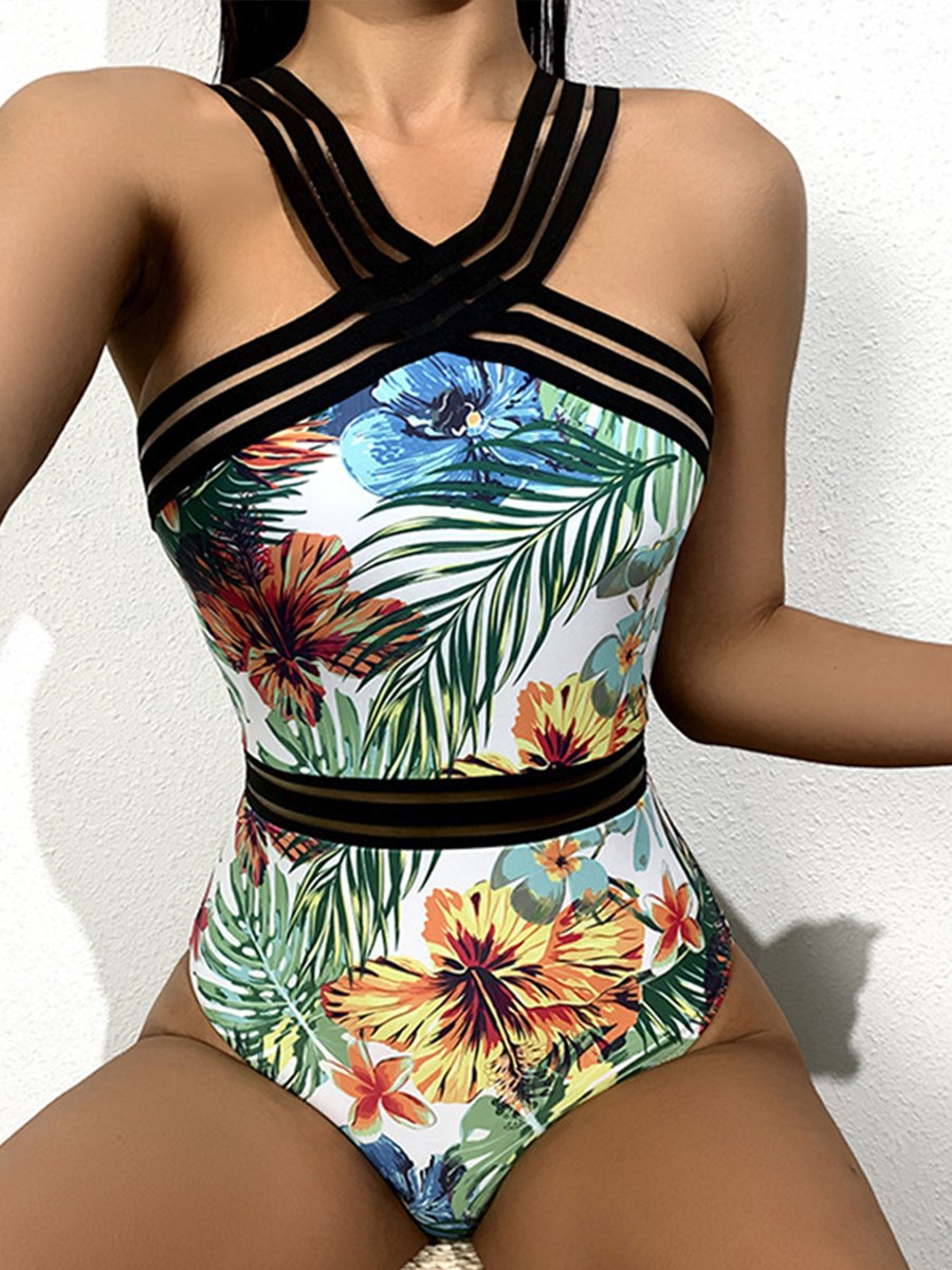 Sheer Stripe Print One Piece Swimsuit - Fashionpara