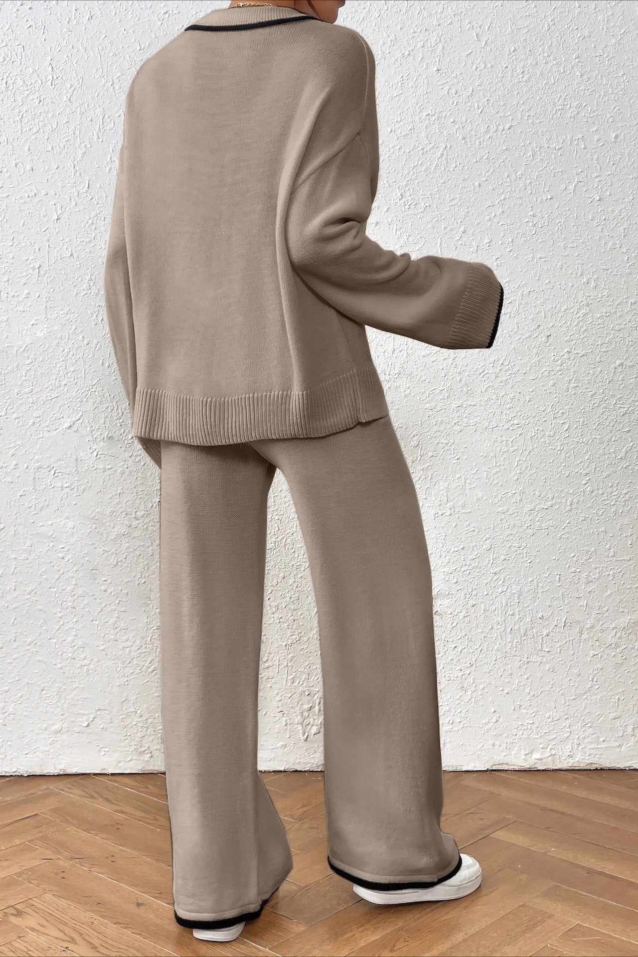 Lazy V-neck Knit Wide-Leg Pants Two Piece Set