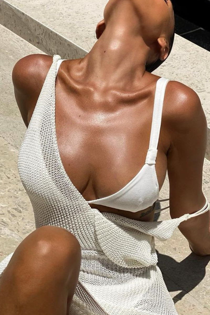 Backless High Split V Neck Knit Maxi Cover Up - Fashionpara