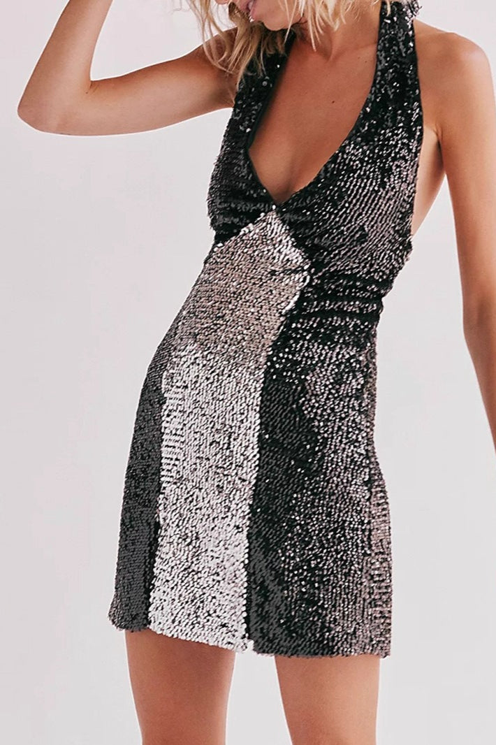 Sequin Plunge V-Neck Sleeveless Bodycon Mini Dress