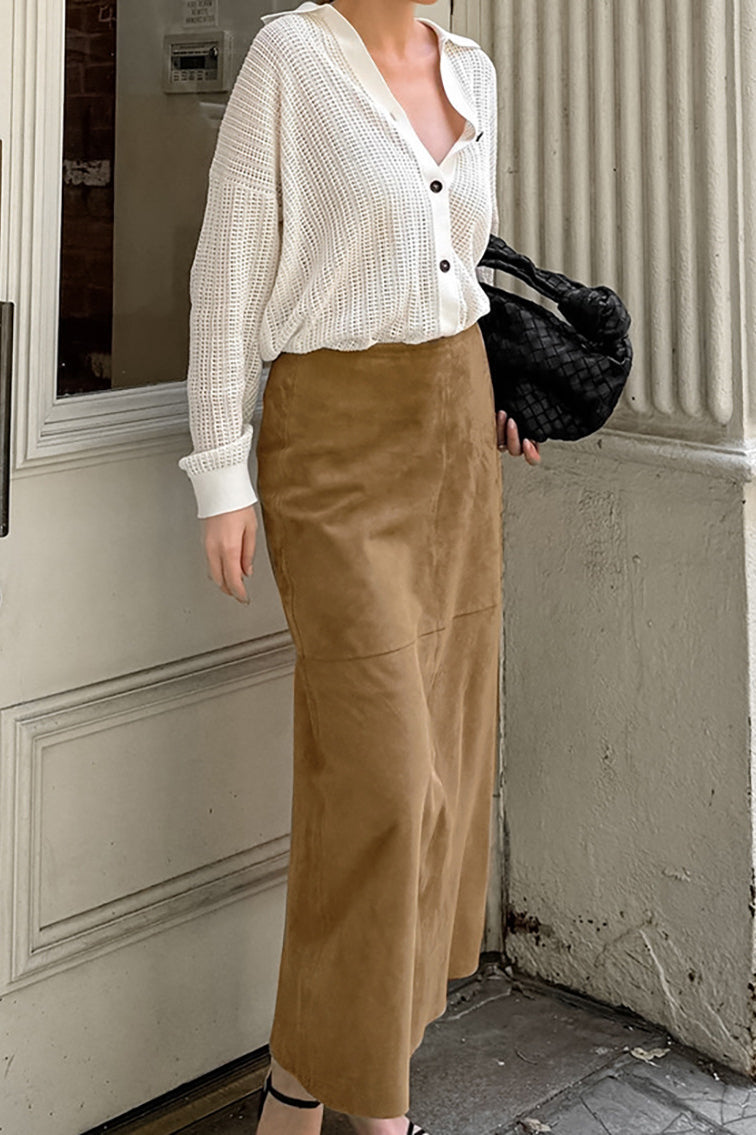 French Minimalist High-Waisted Solid Color Midi Skirt