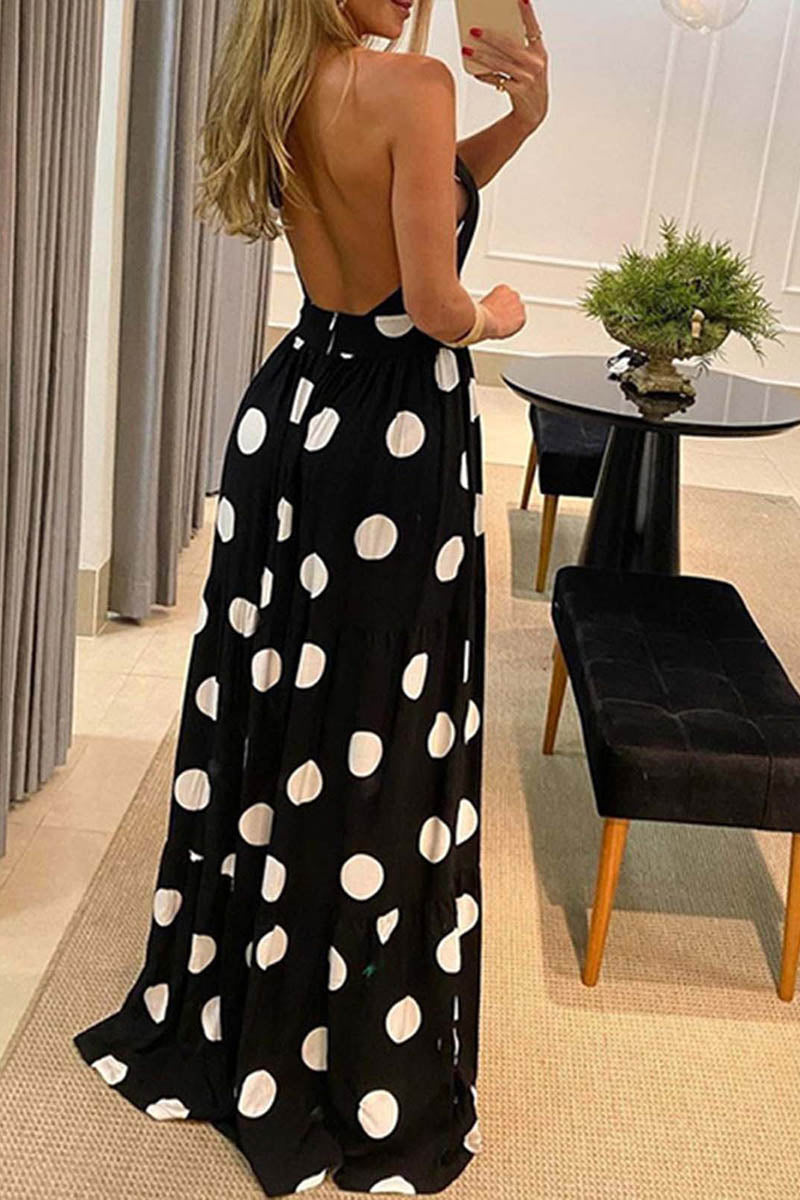 Sexy Dot Print Halter Maxi Dress