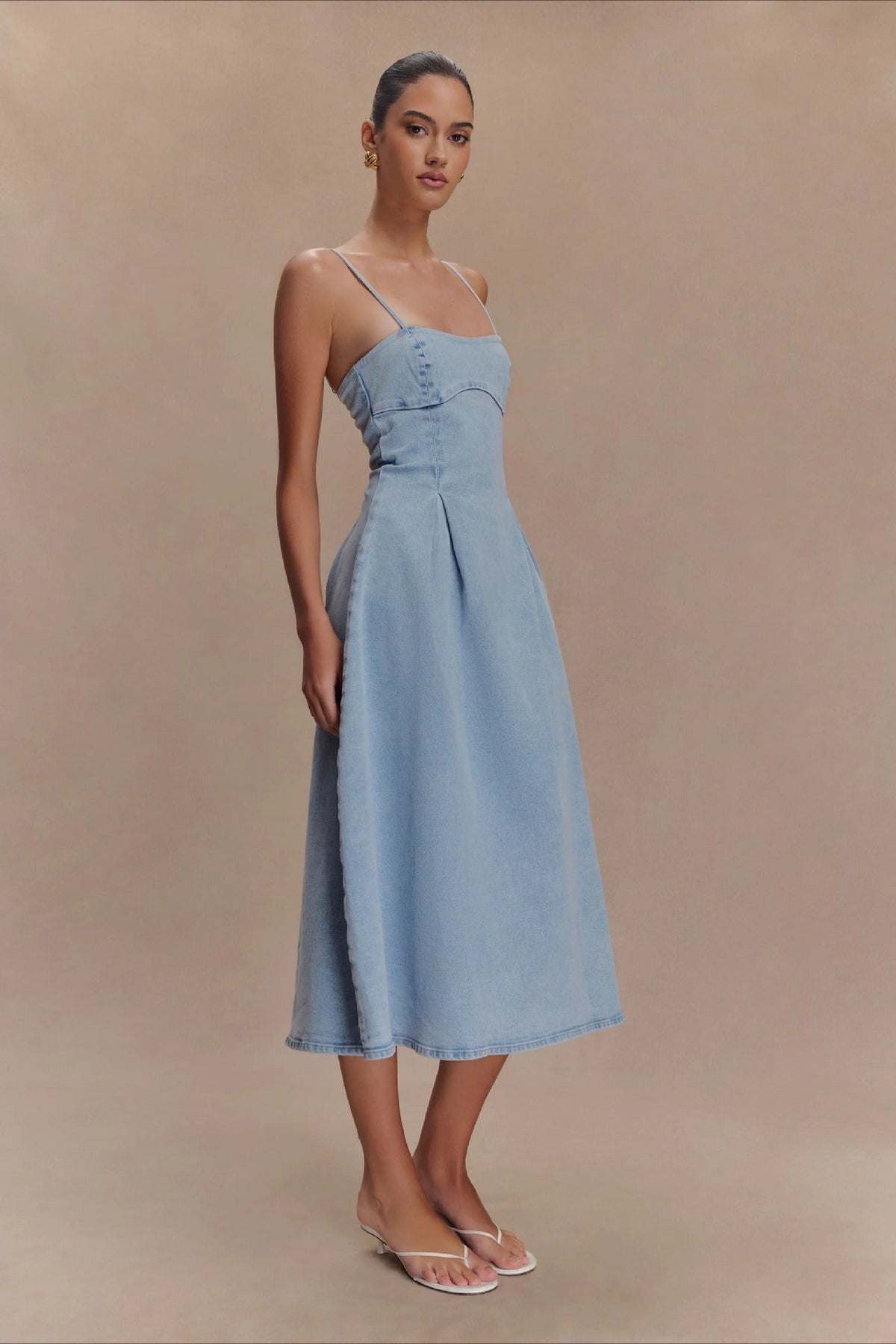 Denim Spaghetti Strap Pleated A-Line Midi Dress 2