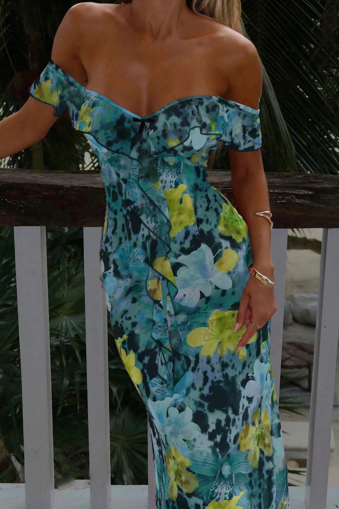 Floral Print Off Shoulder Ruffle Bias Cut Maxi Dress