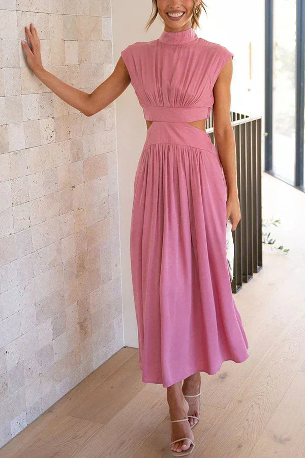 Sleeveless Mock Neck Side Cut Out Pleated Maxi Dress - View 7