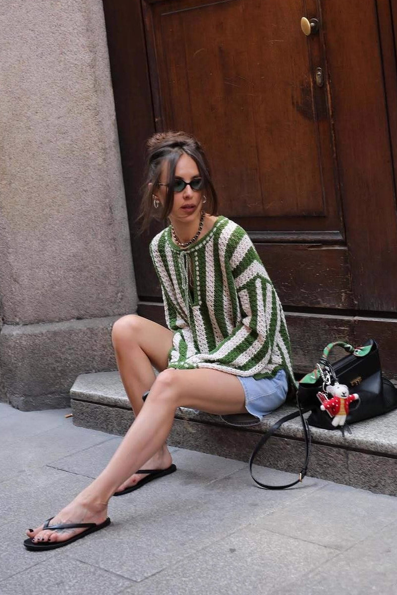 Green White Striped Tie Front Sweater 7