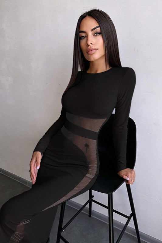 Mesh Cut Out Long Sleeve Bodycon Midi Dress 3