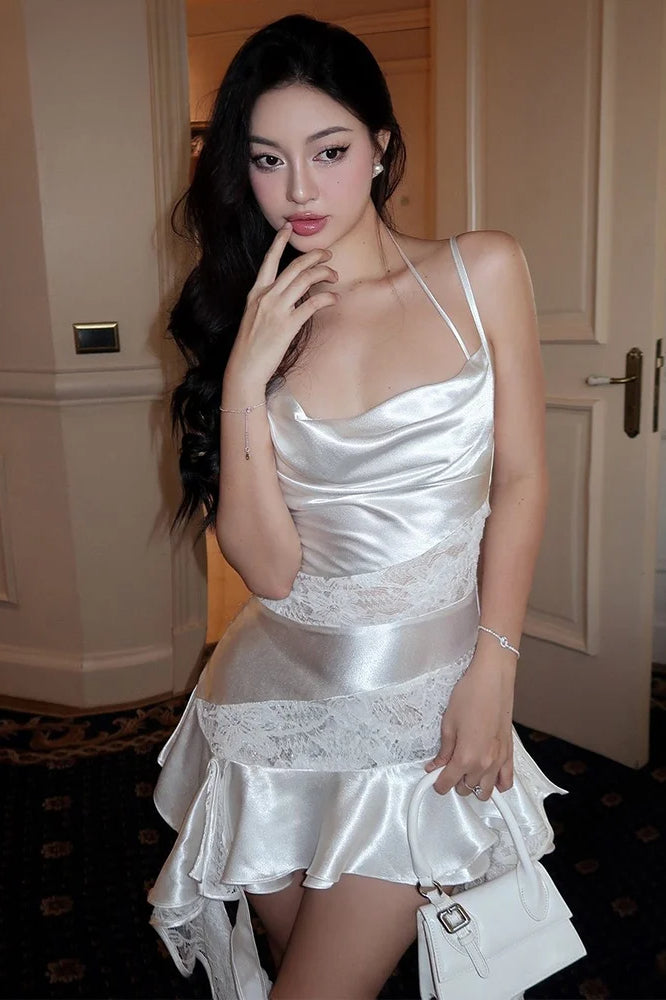 Lace Satin Patchwork Midi Dress - View 3