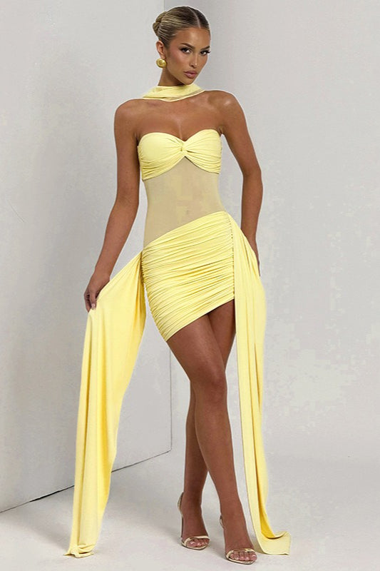 Strapless Ruched Mesh Cut-Out Draped Bodycon Mini Dress