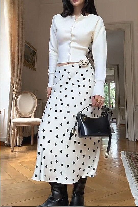 Long Sleeve Top Polka Dot Skirt Set - Fashionpara