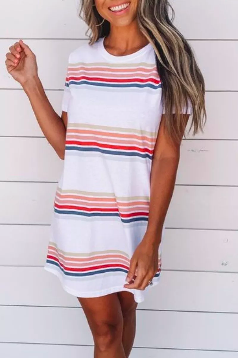 Basic O Neck Striped White Mini Dress  Fashionpara