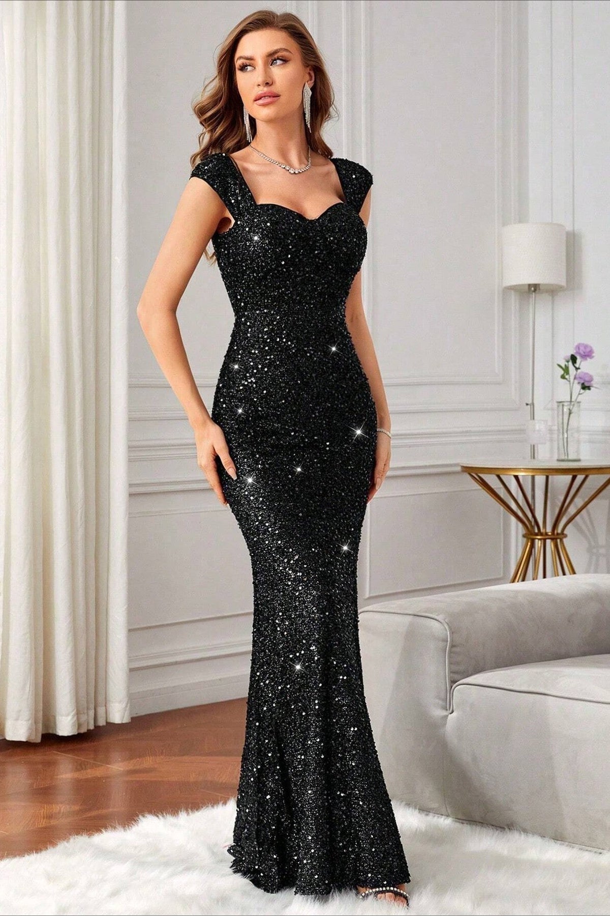 Sequin Sweetheart Cap Sleeve Mermaid Formal Gown - View 15