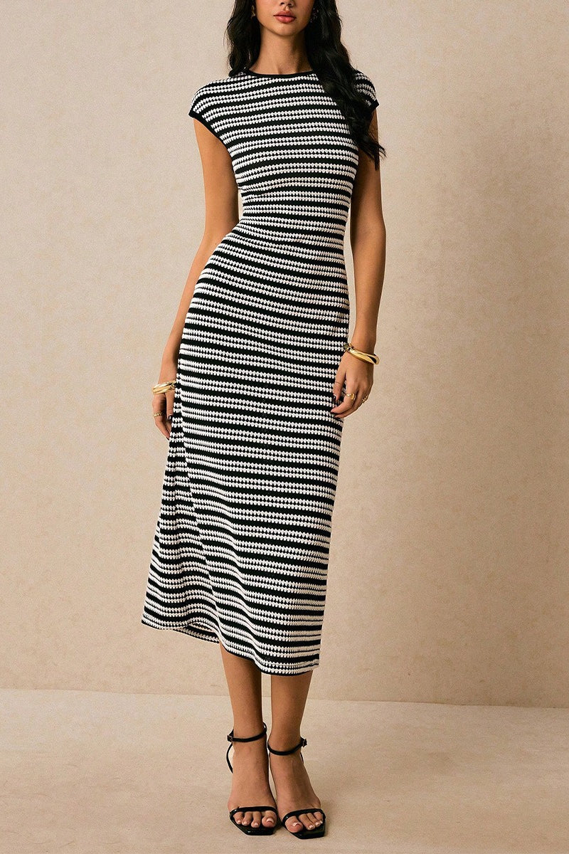Striped Knit Crew Neck Cap Sleeve Bodycon Midi Dress