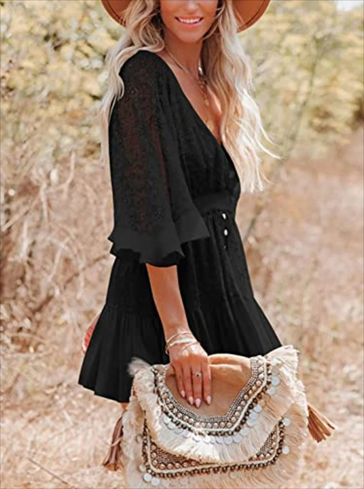Lace V-Neck Flutter Sleeve Tiered Mini Dress 18