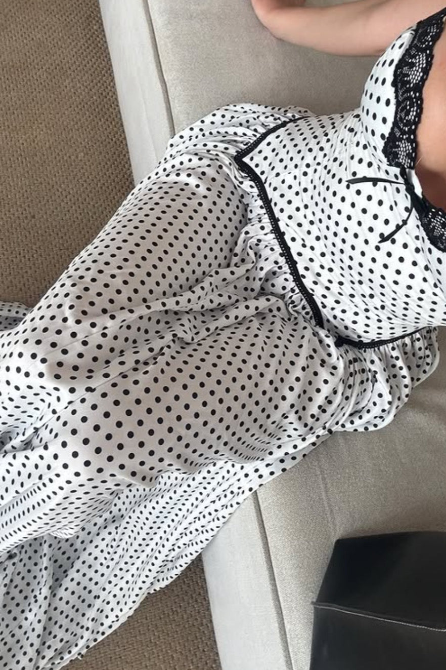 Polka Dot Satin Strappy Lace-Trim Corset Maxi Dress