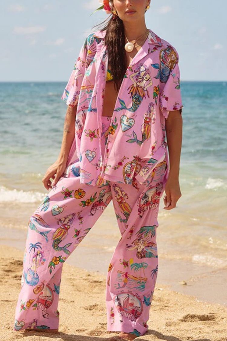 Mermaid Whispers Linen Blend Unique Print Short Sleeve Oversized Blouse - Fashionpara