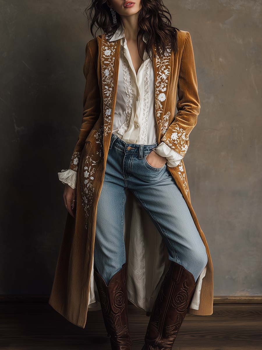 Golden Caramel Embroidered Corduroy Long Coat - Fashionpara