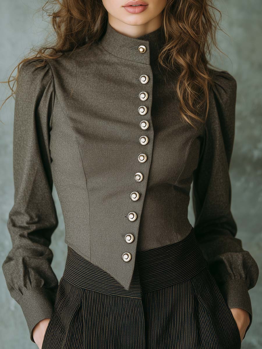 Vintage Military Style Stand Collar Blouse - Fashionpara