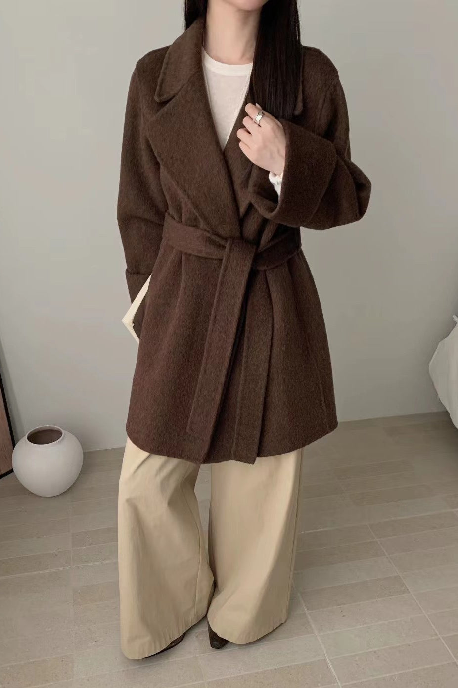 Double-Face Wool Long Hepburn Coat for Elegant Style