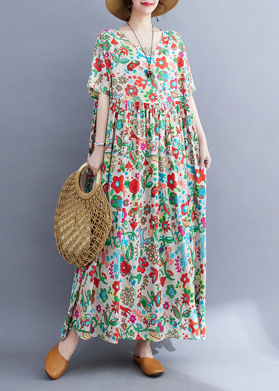 Floral Graphic Print Round Neck Short Sleeve Maxi Dress